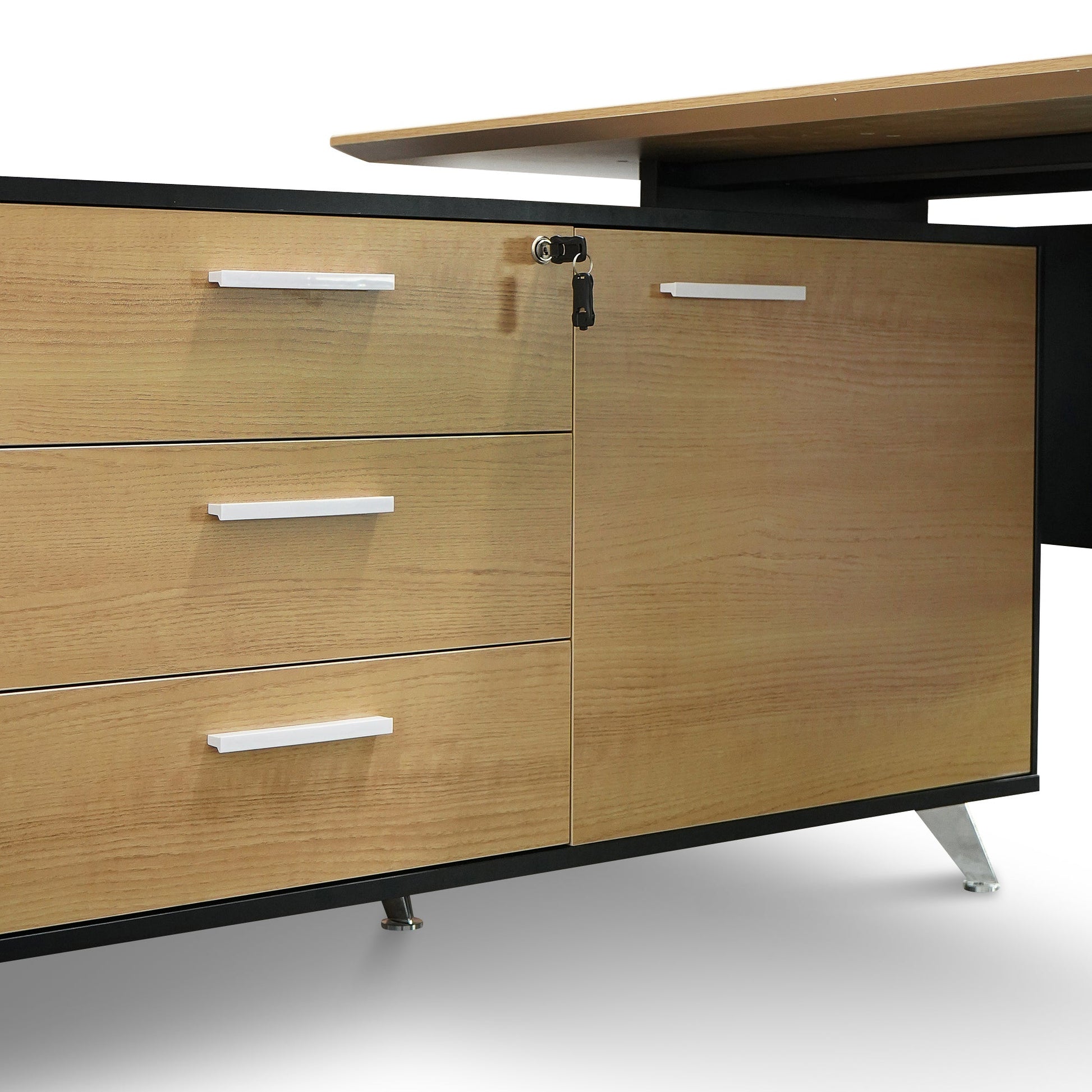 1.95m Executive Desk Left Return - Black Frame with Natural Top and Drawers-Office Desks-Calibre-Prime Furniture