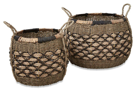 HG Living Equador Set Of 2 Woven Round Seagrass Baskets Black Natural - Storage BasketsEH059332092118495 1