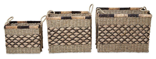 HG Living Equador Set Of 3 Rectangular Woven Water Hyacinth Baskets Black Natural EH07-Storage Baskets-HG Living-Prime Furniture