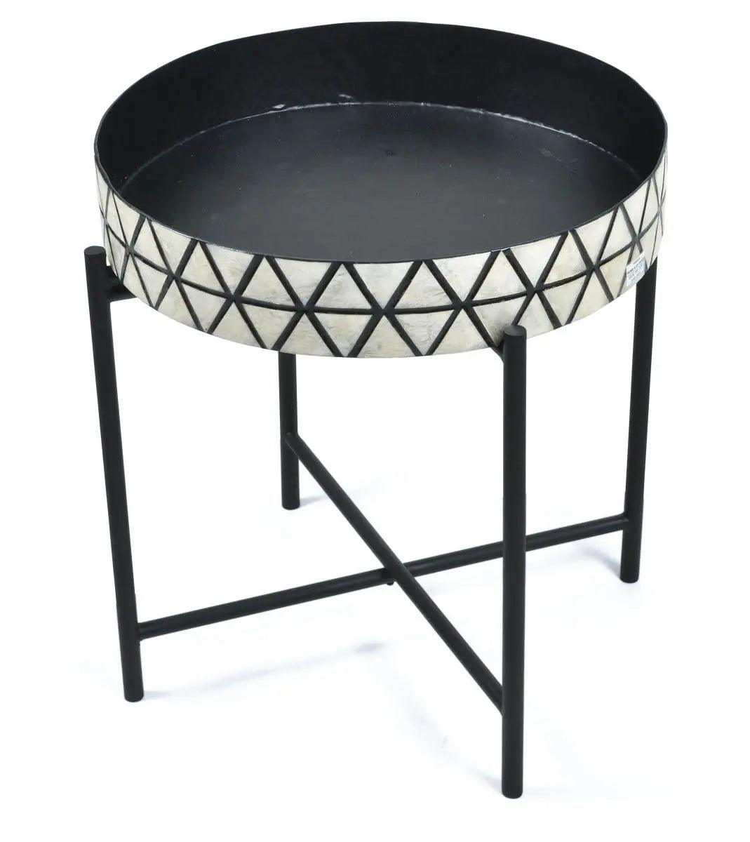 HG Living Tribajra Round Capiz Tray Table With Folding Legs Black/White - Bed SidesIU1359332092125288 5