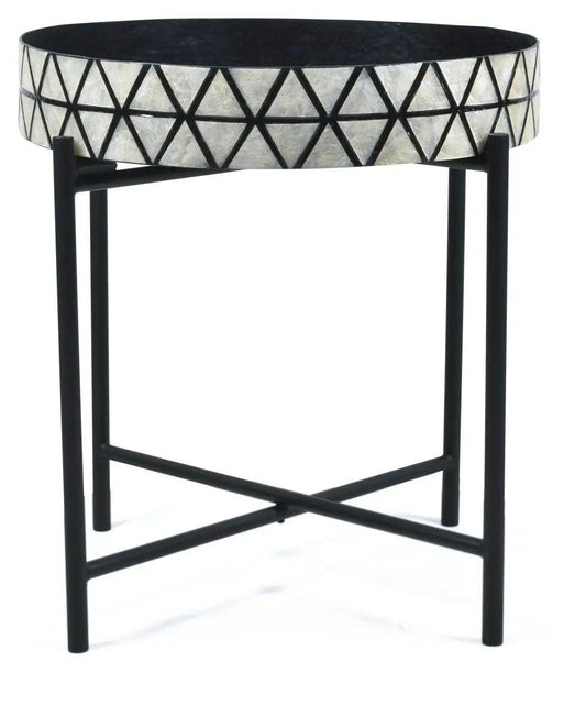 HG Living Tribajra Round Capiz Tray Table With Folding Legs Black/White - Bed SidesIU1359332092125288 1