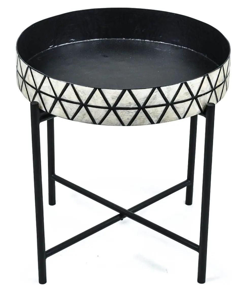 HG Living Tribajra Round Capiz Tray Table With Folding Legs Black/White - Bed SidesIU1359332092125288 6