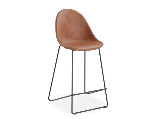 Pebble Stool Brown Upholstered Vintage Seat - Counter Stool 65cm Seat - Black Base-Level-Prime Furniture