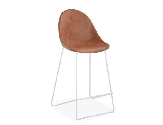 Pebble Stool Brown Upholstered Vintage Seat - Counter Stool 65cm Seat - White Base-Level-Prime Furniture